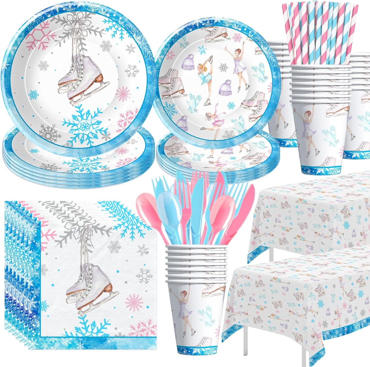 Ice Skating Birthday Party Decorations Tableware - Ice Skating Party Supplies, Plate, Cup, Napkin, Tablecloth, Cutlery, Winter Wonderland Ice Skating Birthday Decorations For Girls | Serves 24